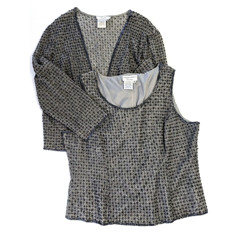 Adrianna Papell Occasions Silk Beaded Sequin 2 Piece Top Cardigan Set Grey 18